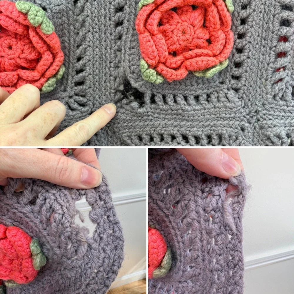 FLAWED Crochet Granny Square Blanket Purple 3D Pink Roses Handmade Cottagecore